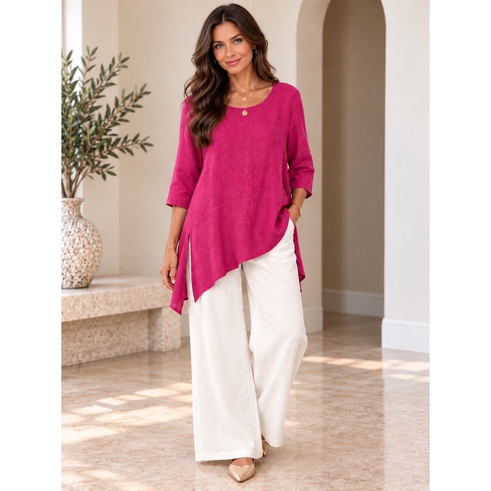 Bryn Walker 100% Linen Tunic Top XL Fuchsia Pink Made in USA Lagenlook Boho